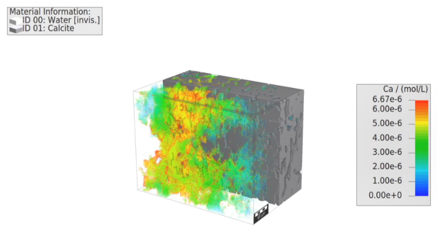Digital Reactive Flow Experiment considering the entire aqueous geochemistry here showing an intermediate result of a digital kinetically-controlled acidizing treatment of a Grosmont carbonate rock upon inflow of a hydrochloric acid at pH 5.5